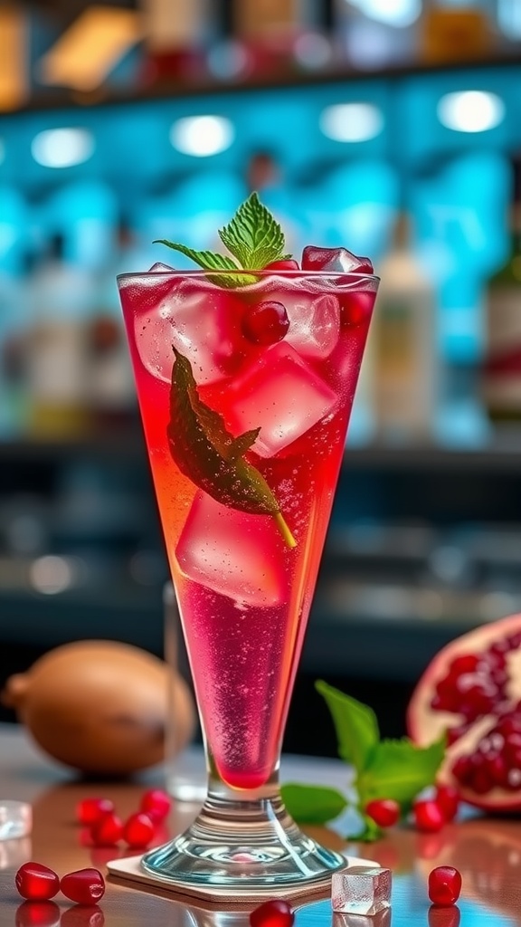 A tall glass of Pomegranate Rum Sparkler cocktail with pomegranate seeds and mint garnish on a bar counter.